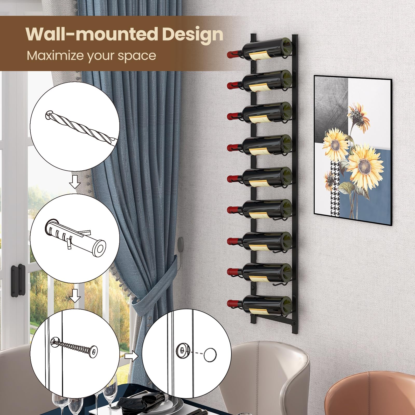 Giantex Wall Mounted Wine Rack for 9-Bottles, Metal Wall Wine Racks Organizer