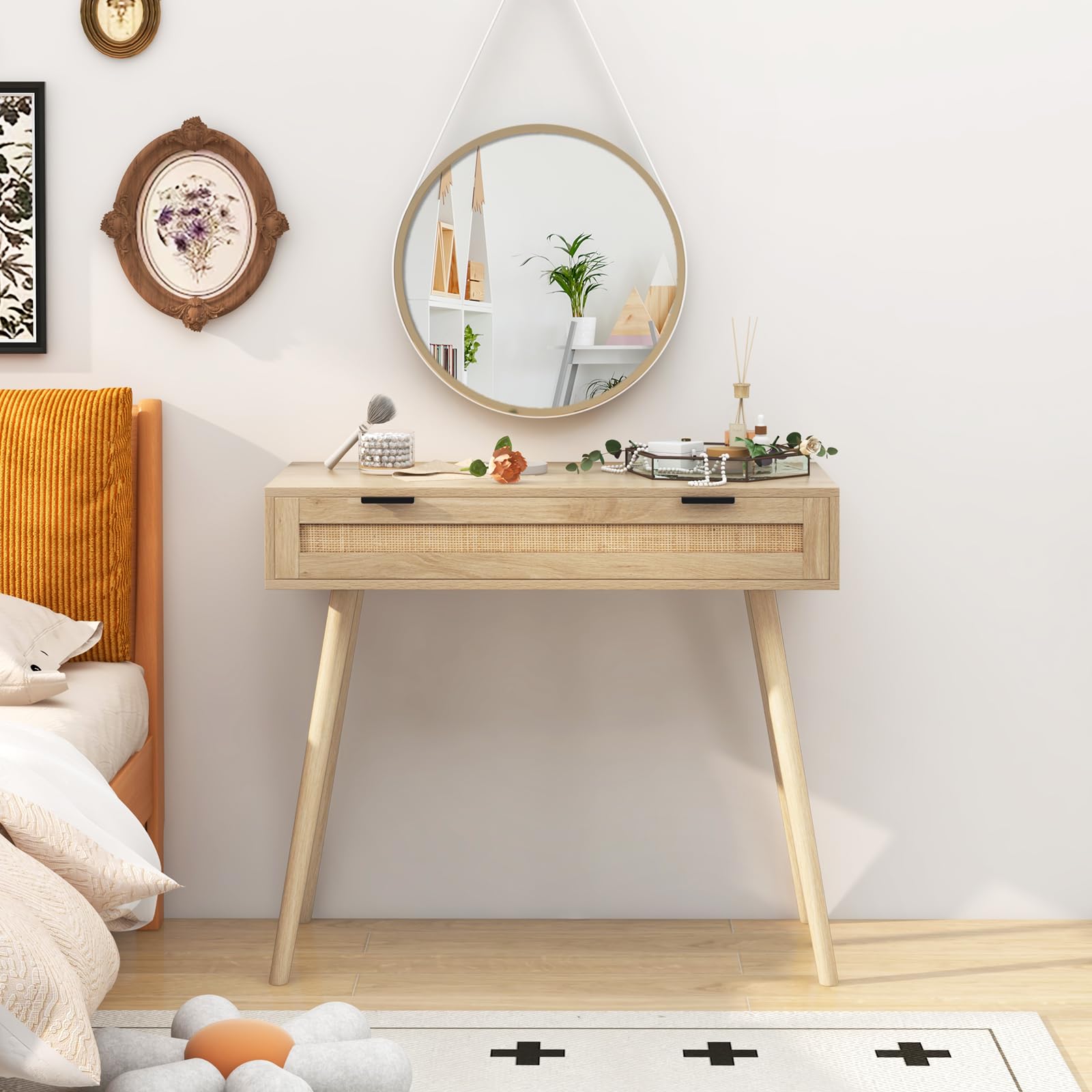 Giantex Rattan Console Table with Drawer, Boho Style Entryway Table, Farmhouse Wooden Sofa Side Table with Storage, Accent Vanity Table