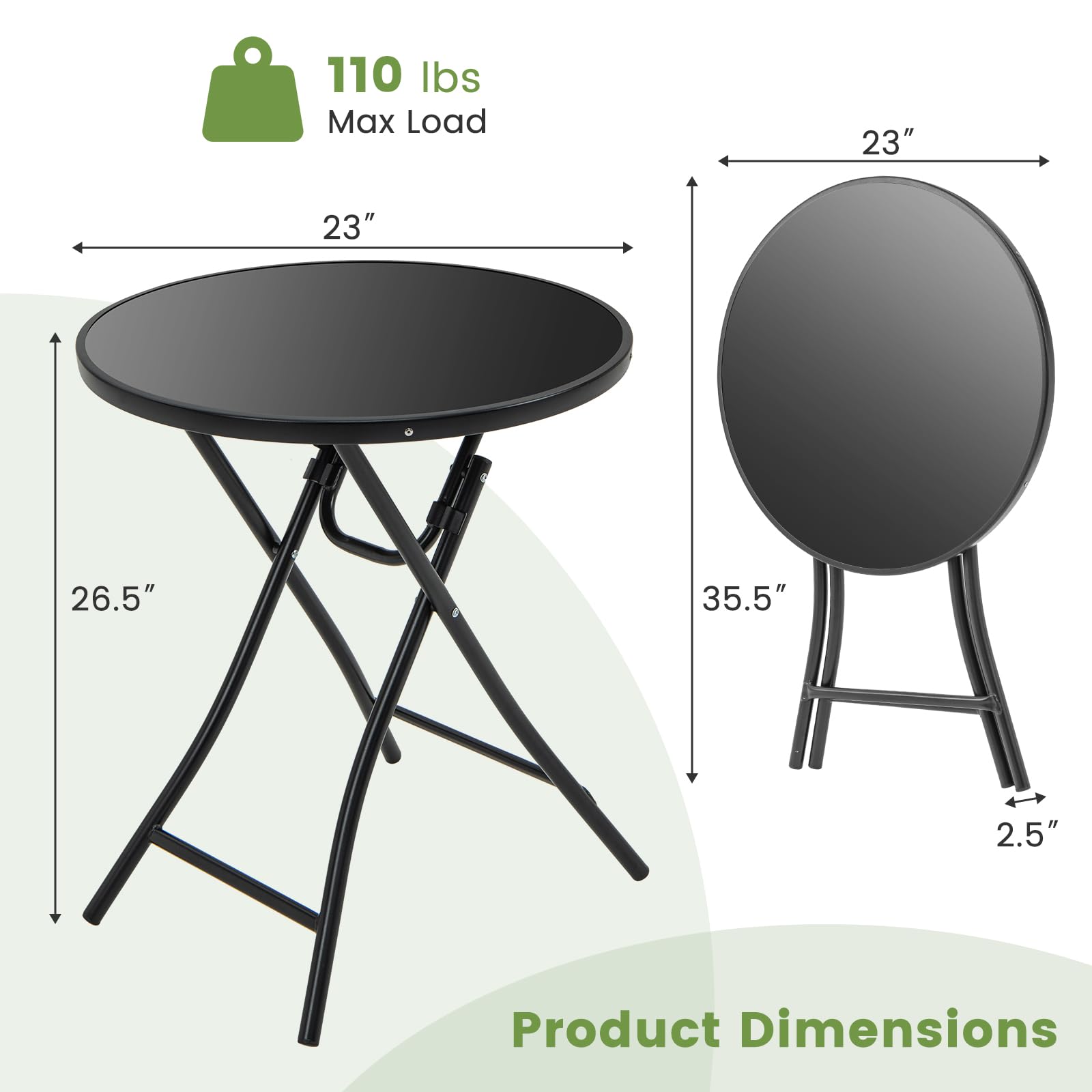 Giantex 23 Inch Round Bistro Table, Patio Folding Cocktail Table with Tempered Glass Tabletop