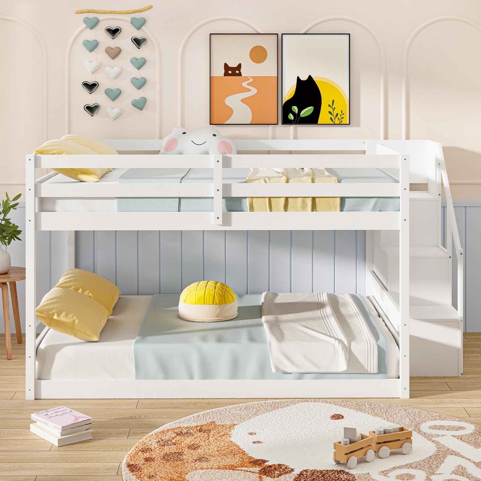 Giantex Bunk Bed with Stairs, Solid Wood Floor Bunk Bed with Storage Staircase & Full-Length Guardrails