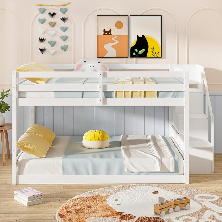 Giantex Bunk Bed with Stairs, Solid Wood Floor Bunk Bed with Storage Staircase & Full-Length Guardrails