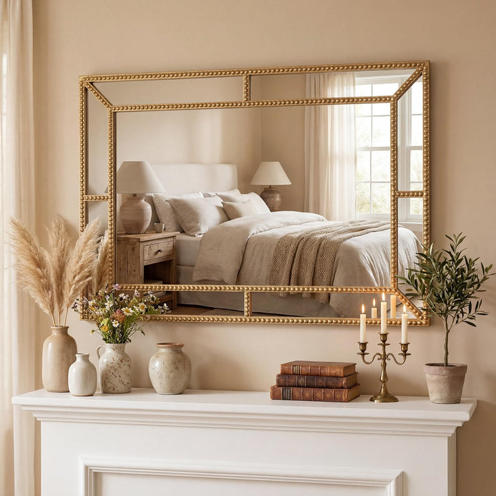 CHARMAID 36"x24" Rectangular Decorative Gold Beaded Wall Mirror