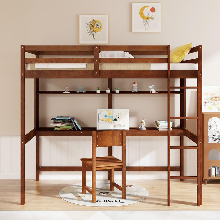Giantex Twin Loft Bed with Desk and Bookshelf, Wooden Bed Frame with Safety Guardrail &amp; Ladder