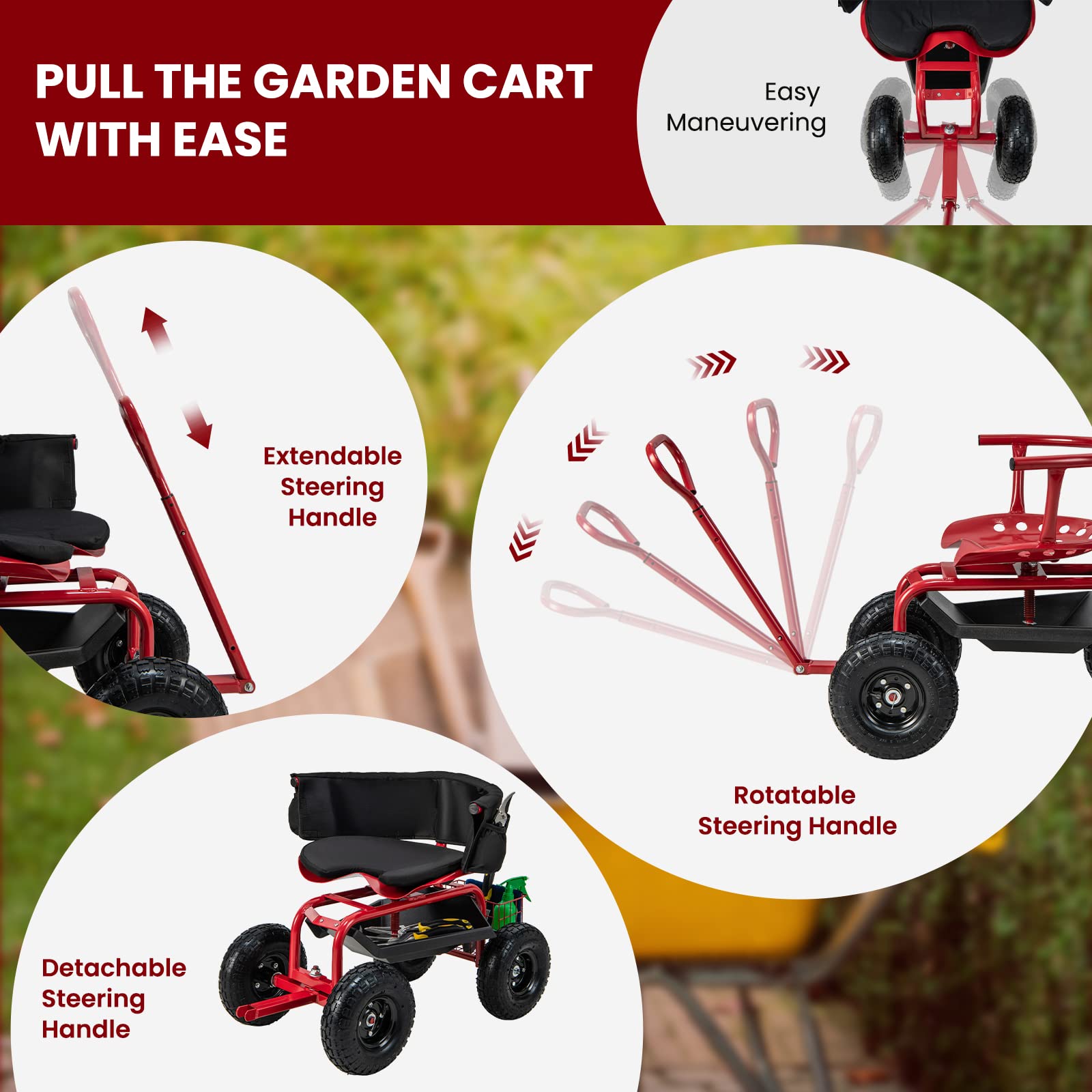 Giantex Rolling Garden Cart, 360 Swivel Workseat with 4 Wheels, Removal Cushion & Tool Tray, Storage Basket