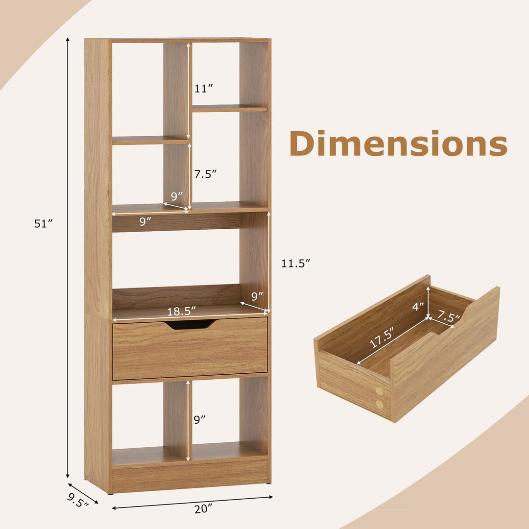 Giantex Bookcase with Drawer 51" Tall Freestanding Storage Organizer（6-Tier)