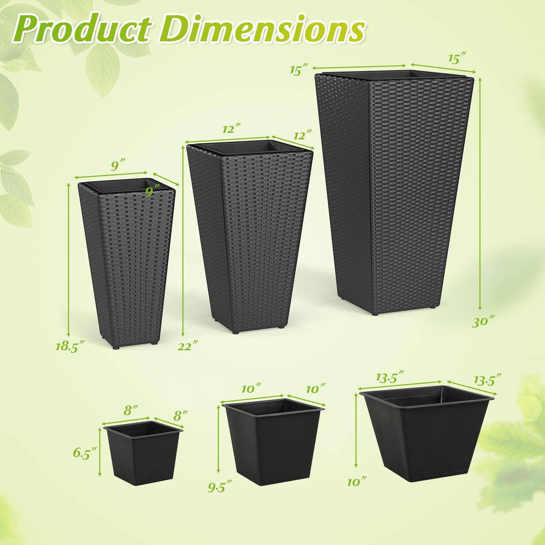 Giantex 3-Piece Wicker Planters Tapered PP Rattan Plant Boxes with Plastic Flower Pots