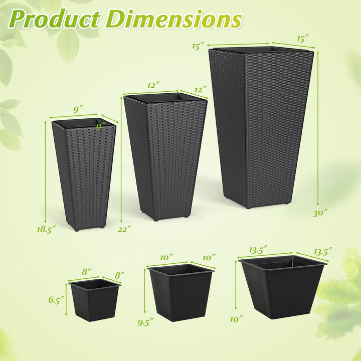 Giantex 3-Piece Wicker Planters Tapered PP Rattan Plant Boxes with Plastic Flower Pots