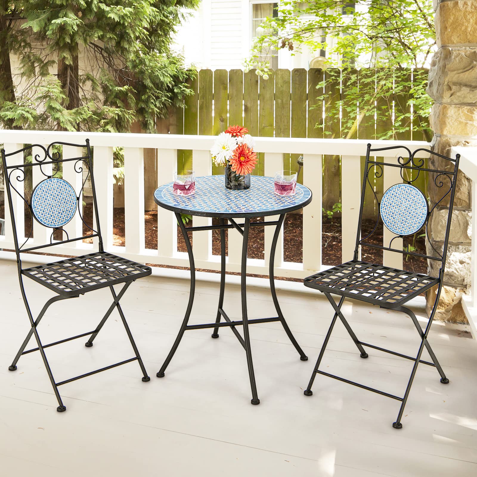 Giantex 3 Pieces Patio Bistro Set - Mosaic Round Table