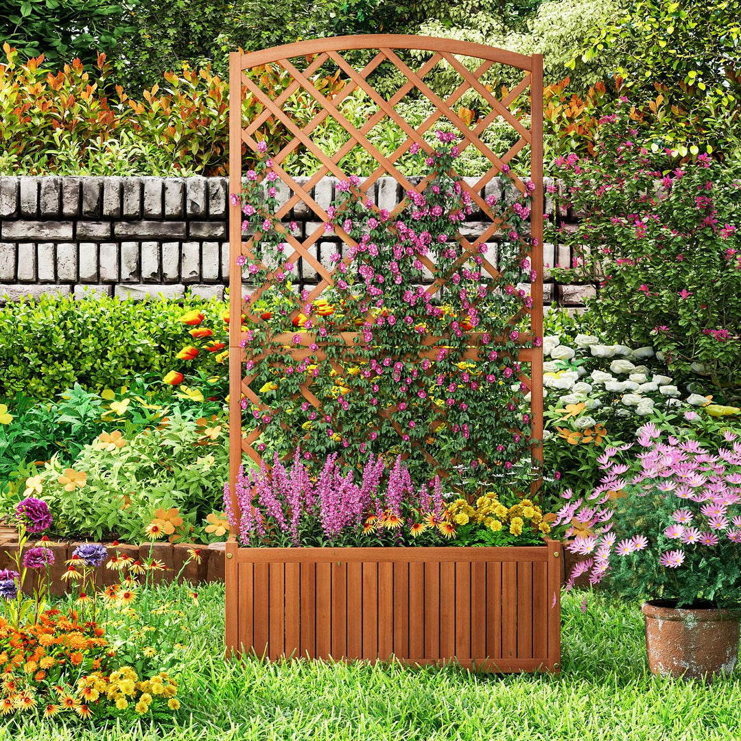 Giantex Solid Acacia Wood Planter Box with Trellis 63" Raised Garden Bed with Trellis