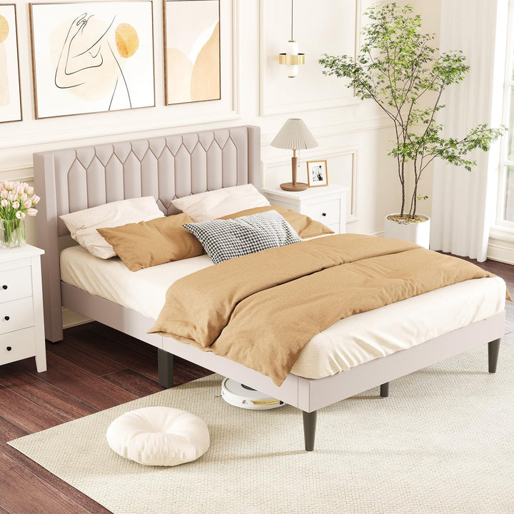 Giantex Queen Size Dutch Velvet/Linen Fabric Upholstered Platform Bed with Wingback Headboard and Wooden Slat Support