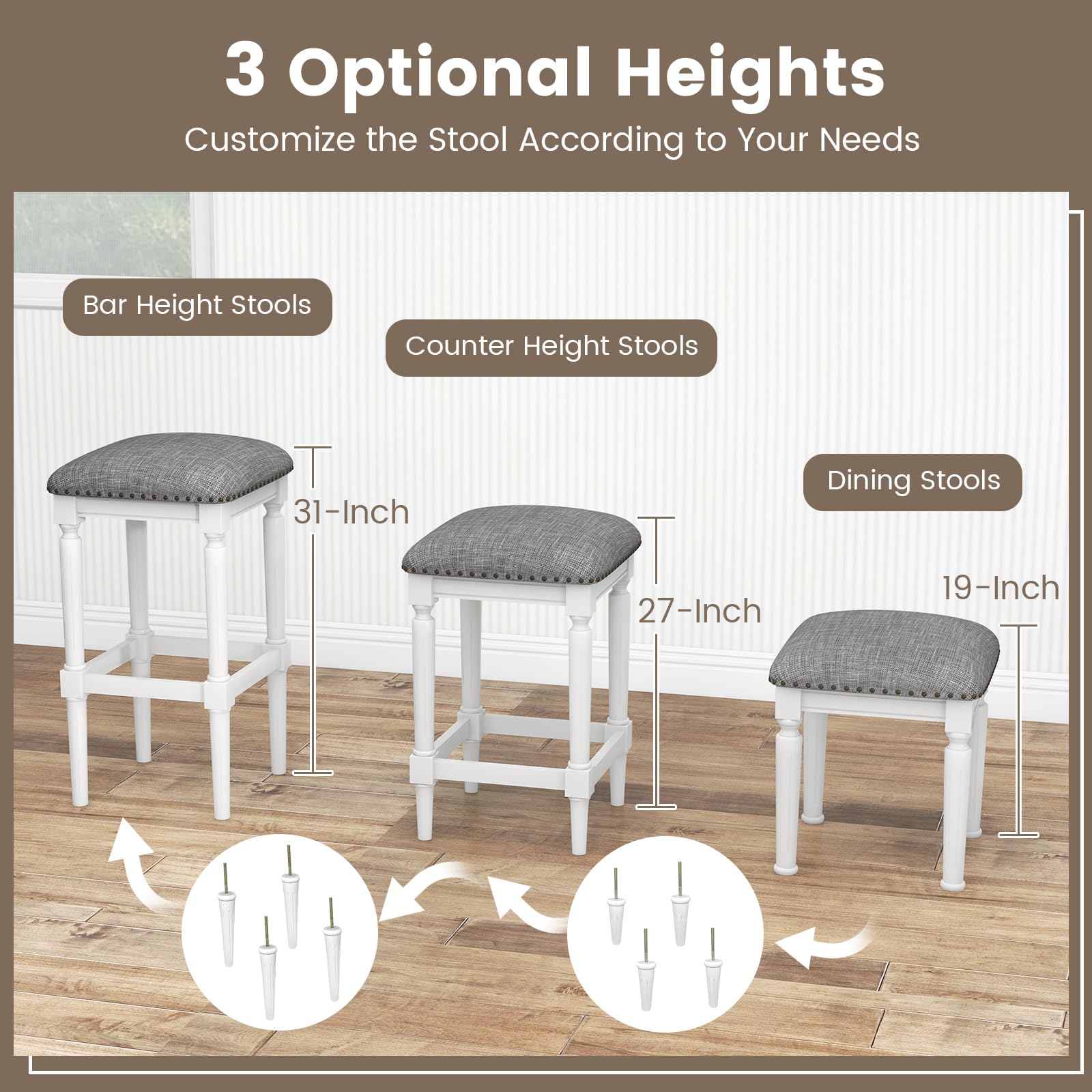 Giantex Bar Stools Set of 2, 3-Height Adjustable 19"/27"/31" Wood Barstools with Padded Seat