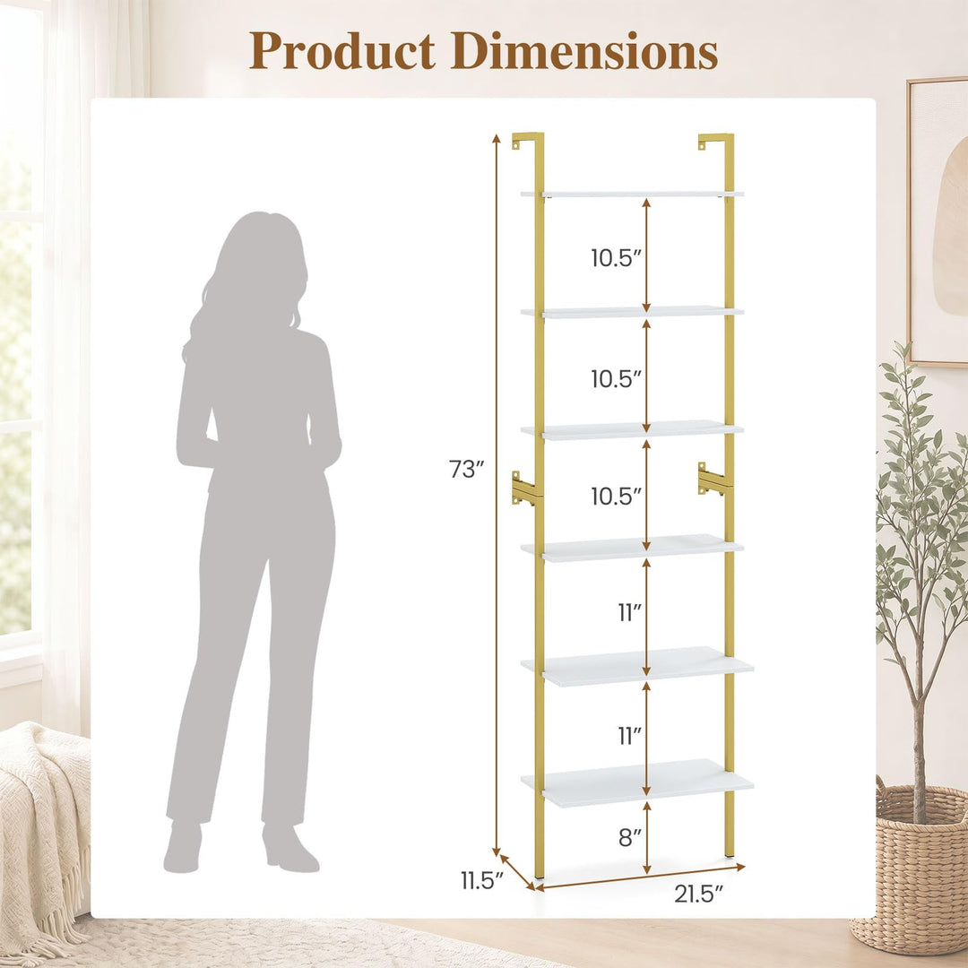 GIANTEX Ladder Shelf | 6-Tier Wall Mounted Bookshelf with Metal Frame (1/2)