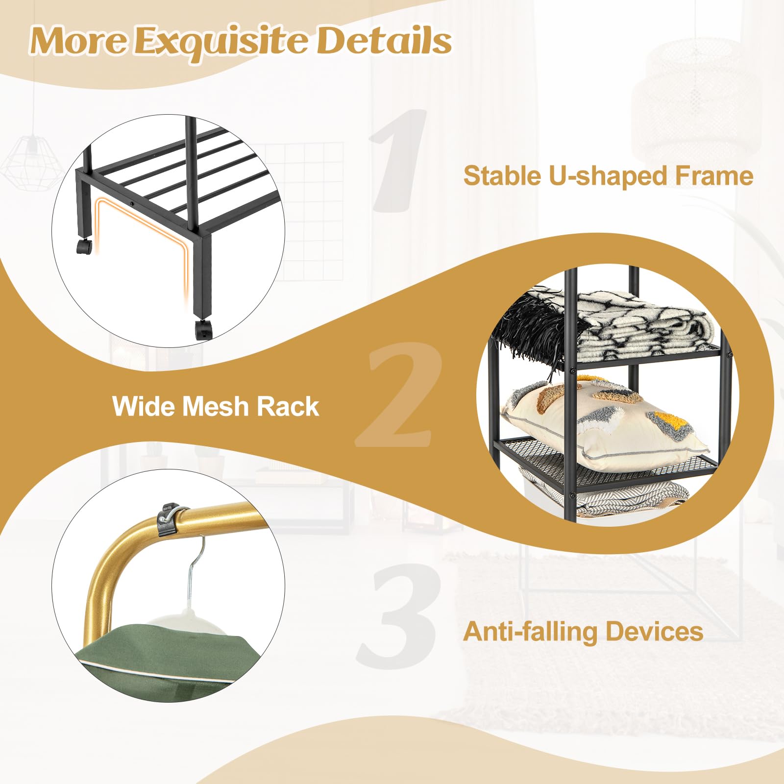 Giantex Double Rods Garment Rack with Wheels, Clothing Rack w/ 2 Hanging Height Adjustable Rods, Side Mesh Racks