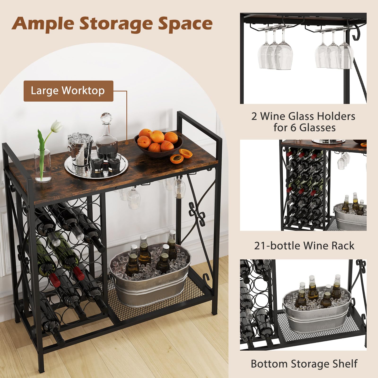 Giantex 21-Bottle Wine Rack Freestanding Floor, Wine Bar Table with 6-Glass Wine Glass Holder