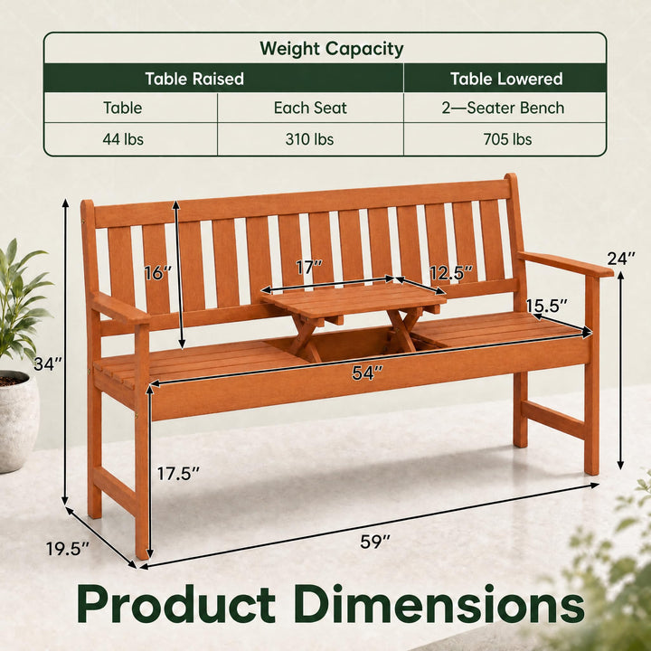 GIANTEX 59" Outdoor Bench with Pull-Out Center Table