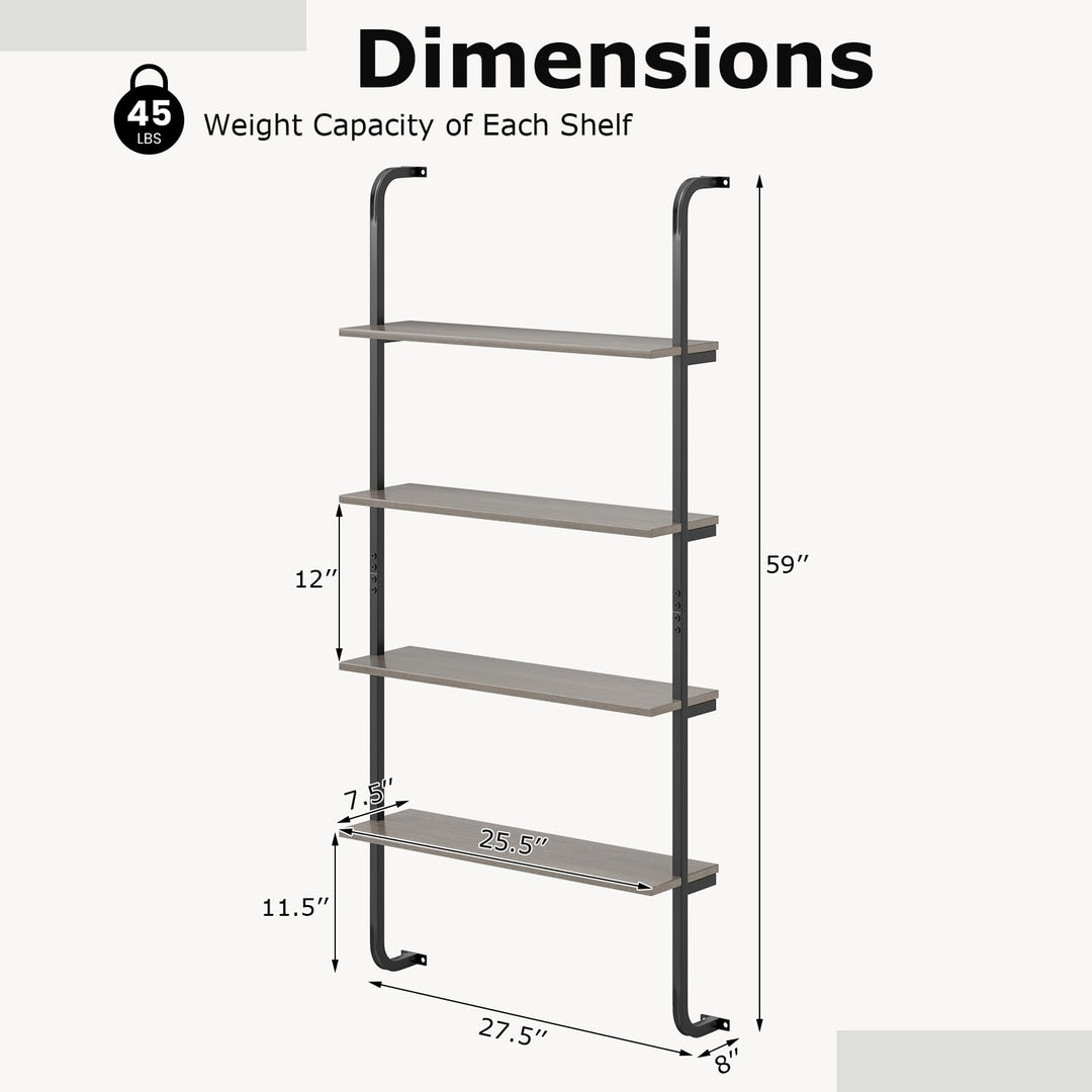 Giantex 4-Tier Industrial Bookshelf, Wall Mounted Pipe Shelving Unit, Floating Shelves with Metal Frame
