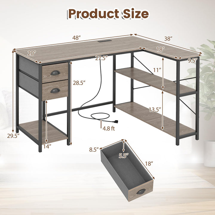 Giantex 48" L Shaped Desk with Charging Station &amp; 2 Fabric Drawers