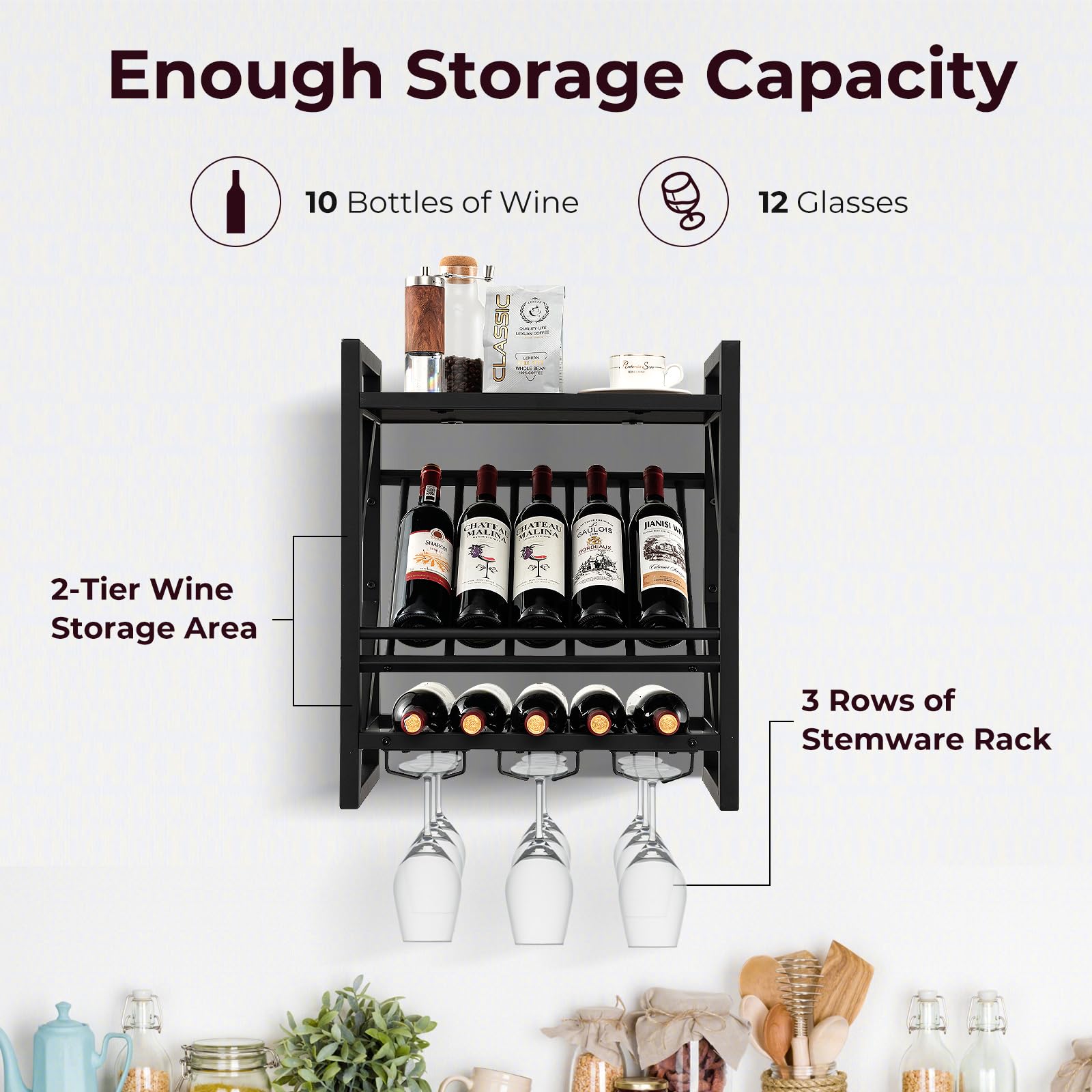 Giantex Wall Mounted Wine Rack with Glass Holder, Industrial 2-Tier 10-Bottle Floating Bar Shelves (Black)