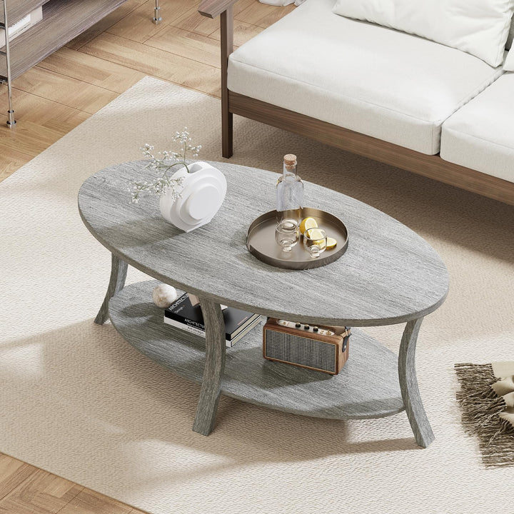Giantex 44 Inch Oval Coffee Table 2-Tier Center Table with Storage Shelf & Rubber Wood Frame