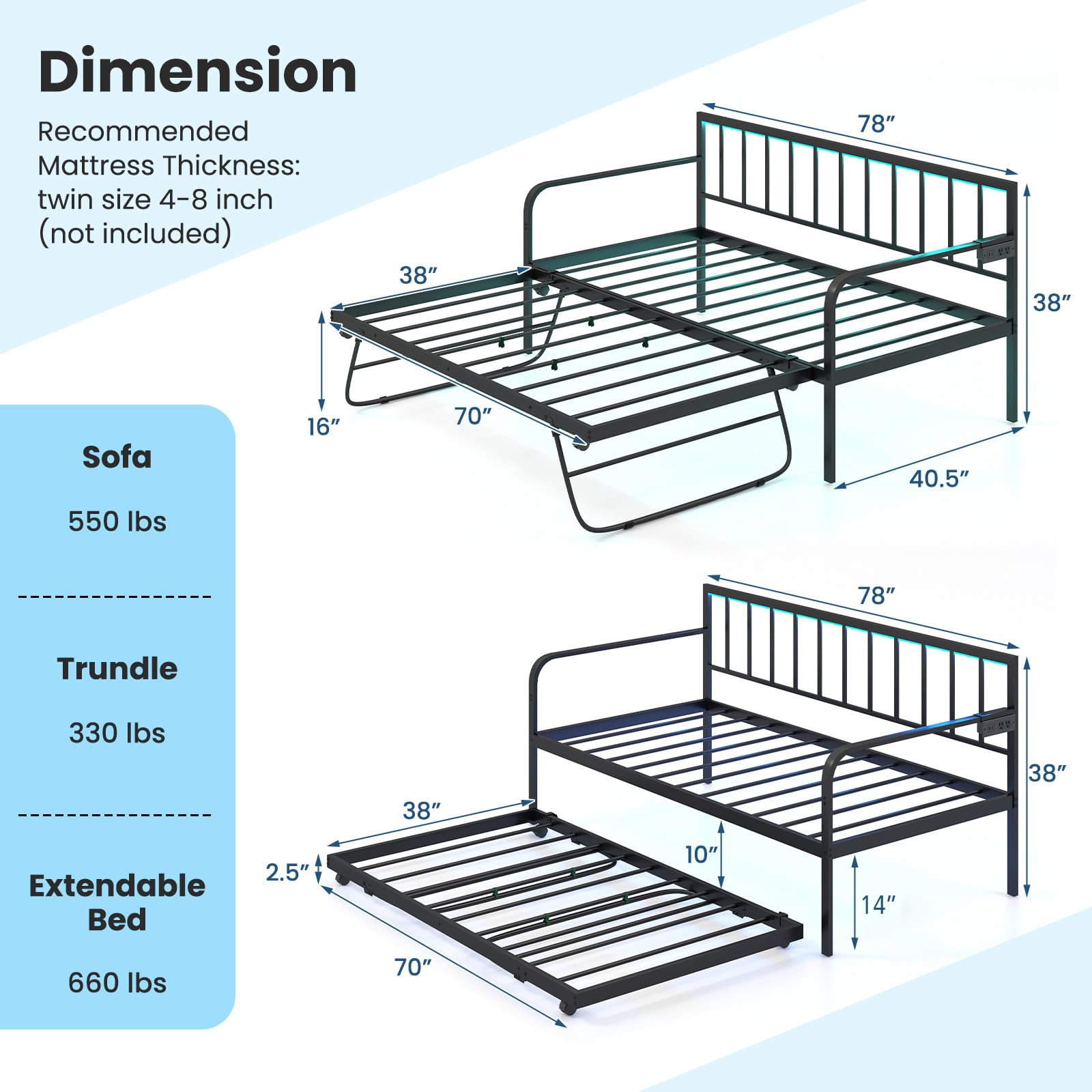 Giantex Twin Daybed with Trundle, Metal Day Bed with Charging Station & LED Lights
