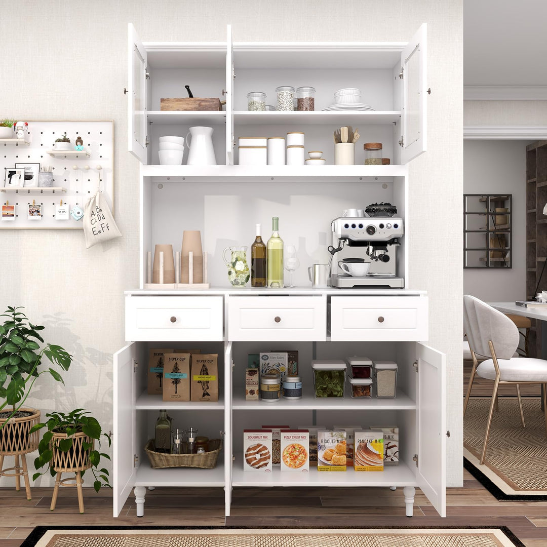 Giantex Pantry Cabinet, 77” Tall Buffet Cabinet with Hutch, LED Lights & Charging Station