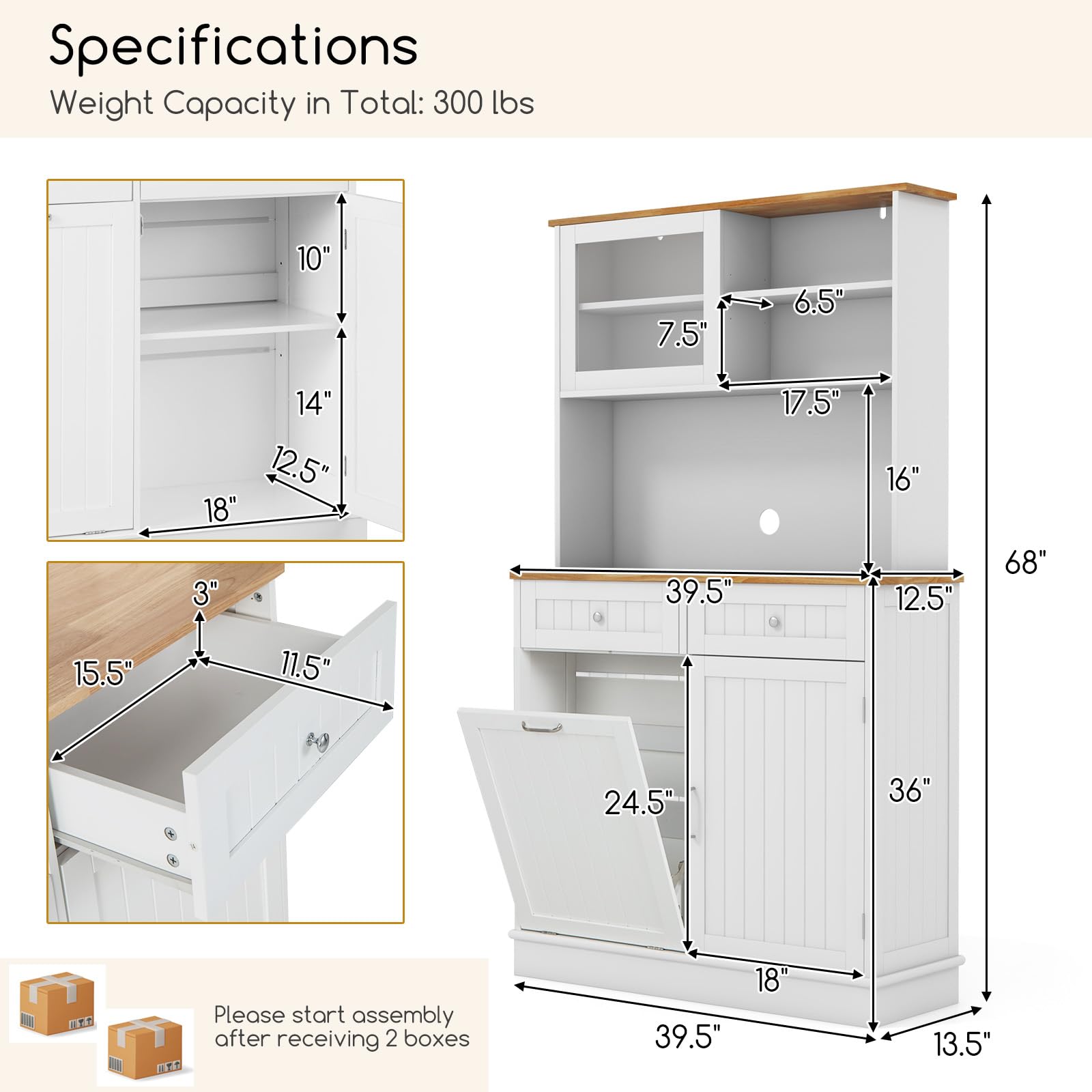 Giantex 68” Tall Kitchen Pantry, Buffet Hutch w/Tilt Out Trash Can Storage Cabinet, 2 Drawer, Shelves