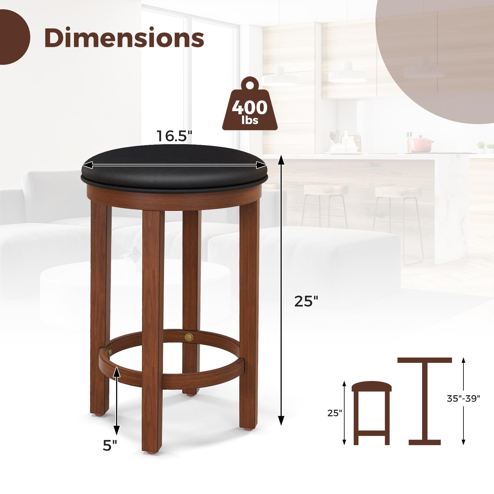 Giantex Bar Stools Set, 25-Inch Counter Height Stools with Round Seat, Footrest, Wooden Frame