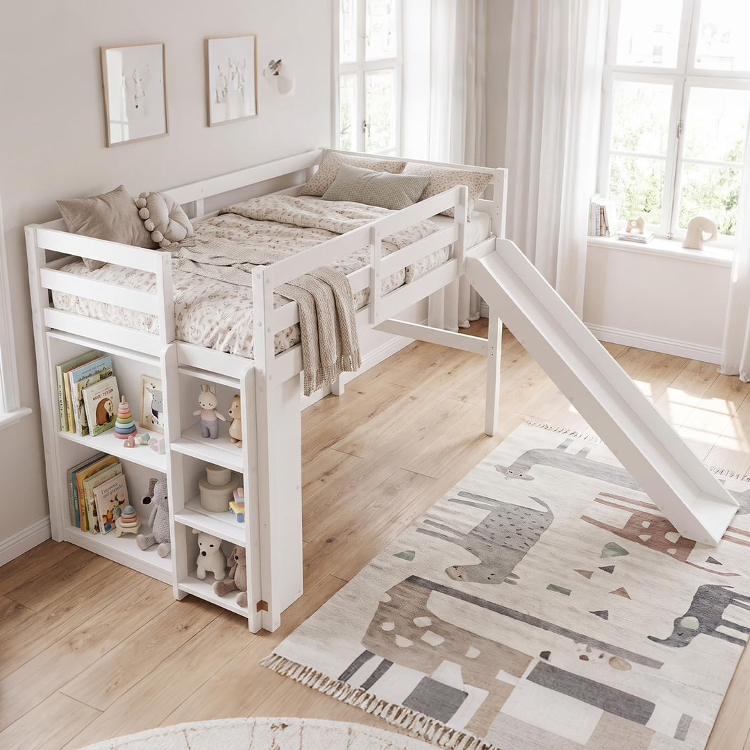 GIANTEX Twin Size Loft Bed with Slide &amp; Under Bed Play Space