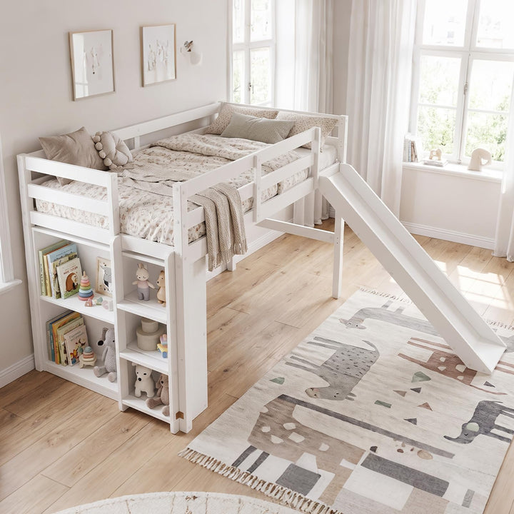 GIANTEX Twin Size Loft Bed with Slide &amp; Under Bed Play Space