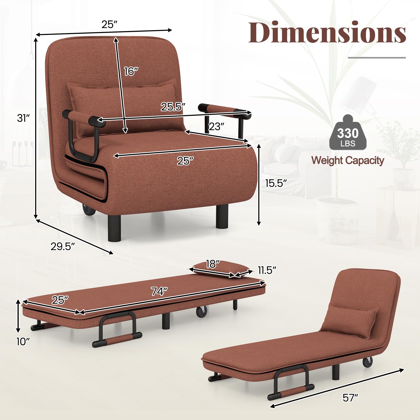 Giantex Convertible Sofa Bed, 3-in-1 Folding Sleeper Chair with 5-Position Adjustable Backrest