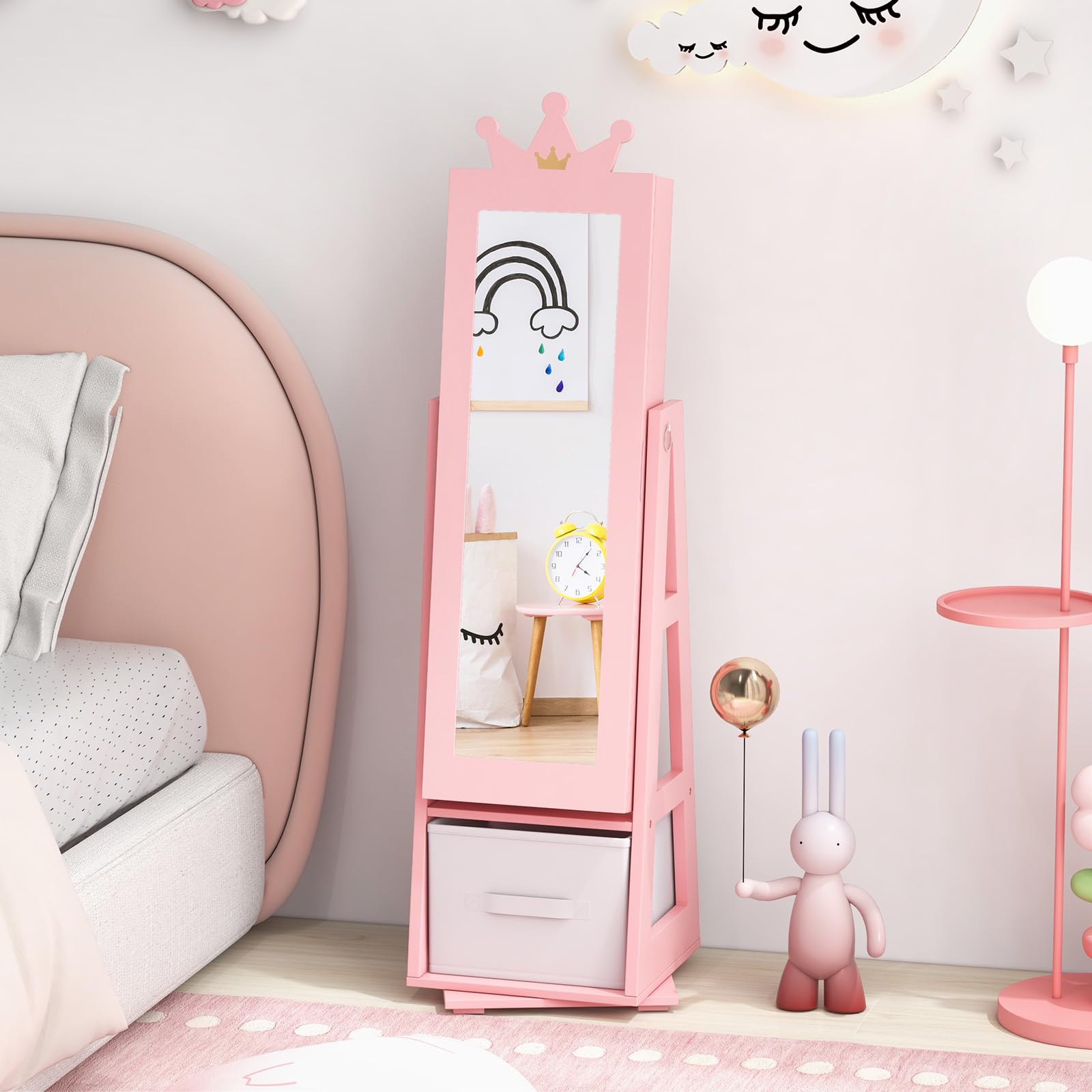 CHARMAID 360° Swivel Kids Jewelry Cabinet, 47" Full Length Mirror with Jewelry Storage