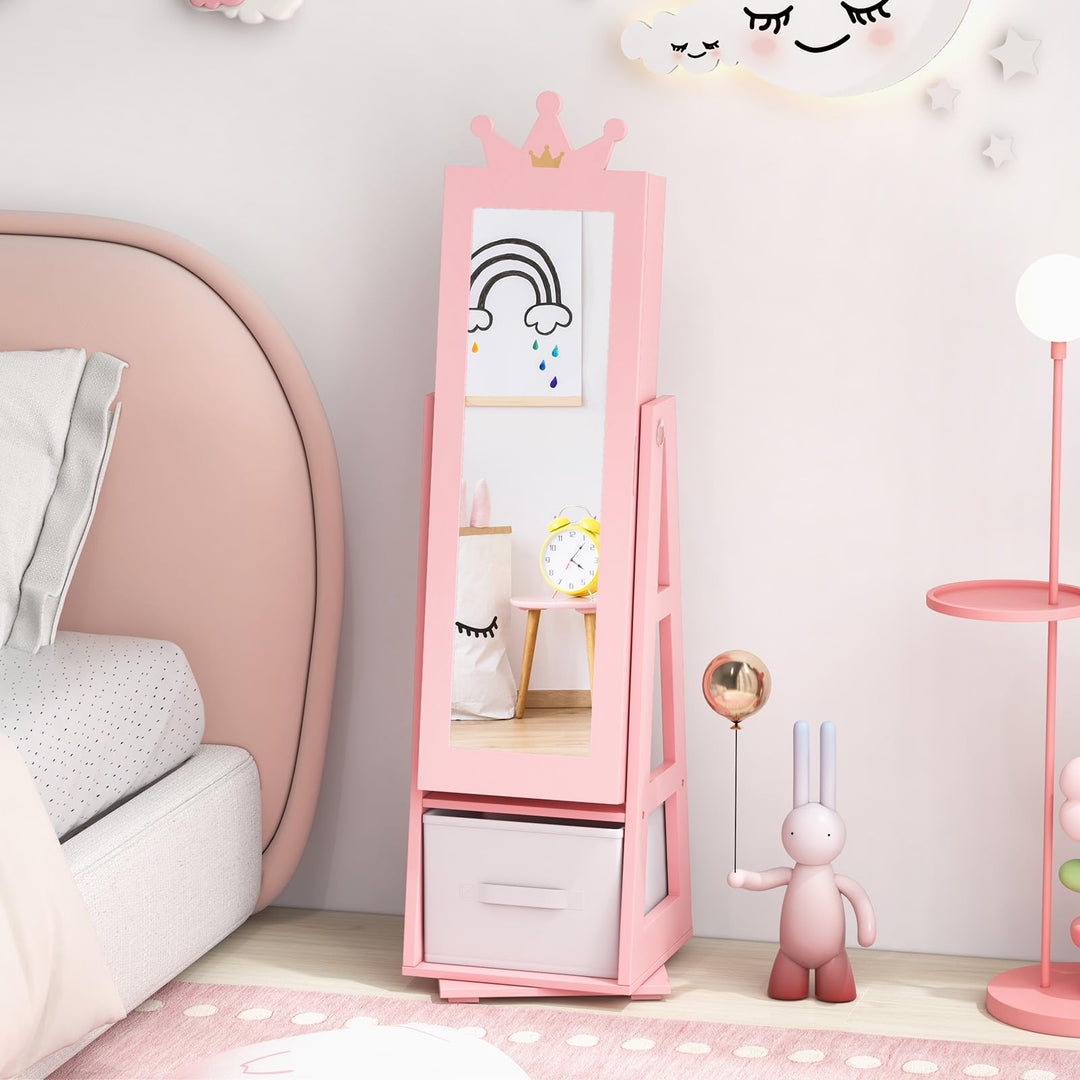 CHARMAID 360° Swivel Kids Jewelry Cabinet, 47" Full Length Mirror with Jewelry Storage