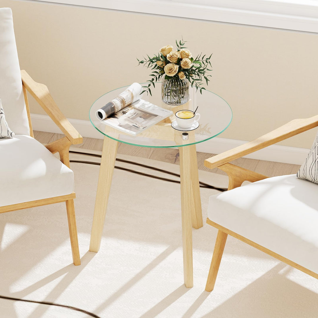 Giantex Glass Round Side Table w/Tempered Glass Top & Rubber Wood Frame