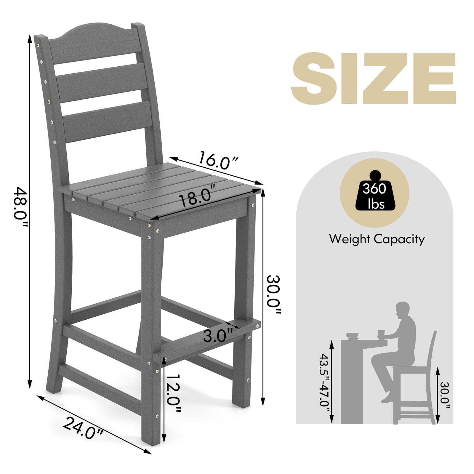 Giantex Outdoor HDPE Bar Stool, Patio Tall Bar Chair with Backrest and Footrest, 30 Inches Counter Height Barstools