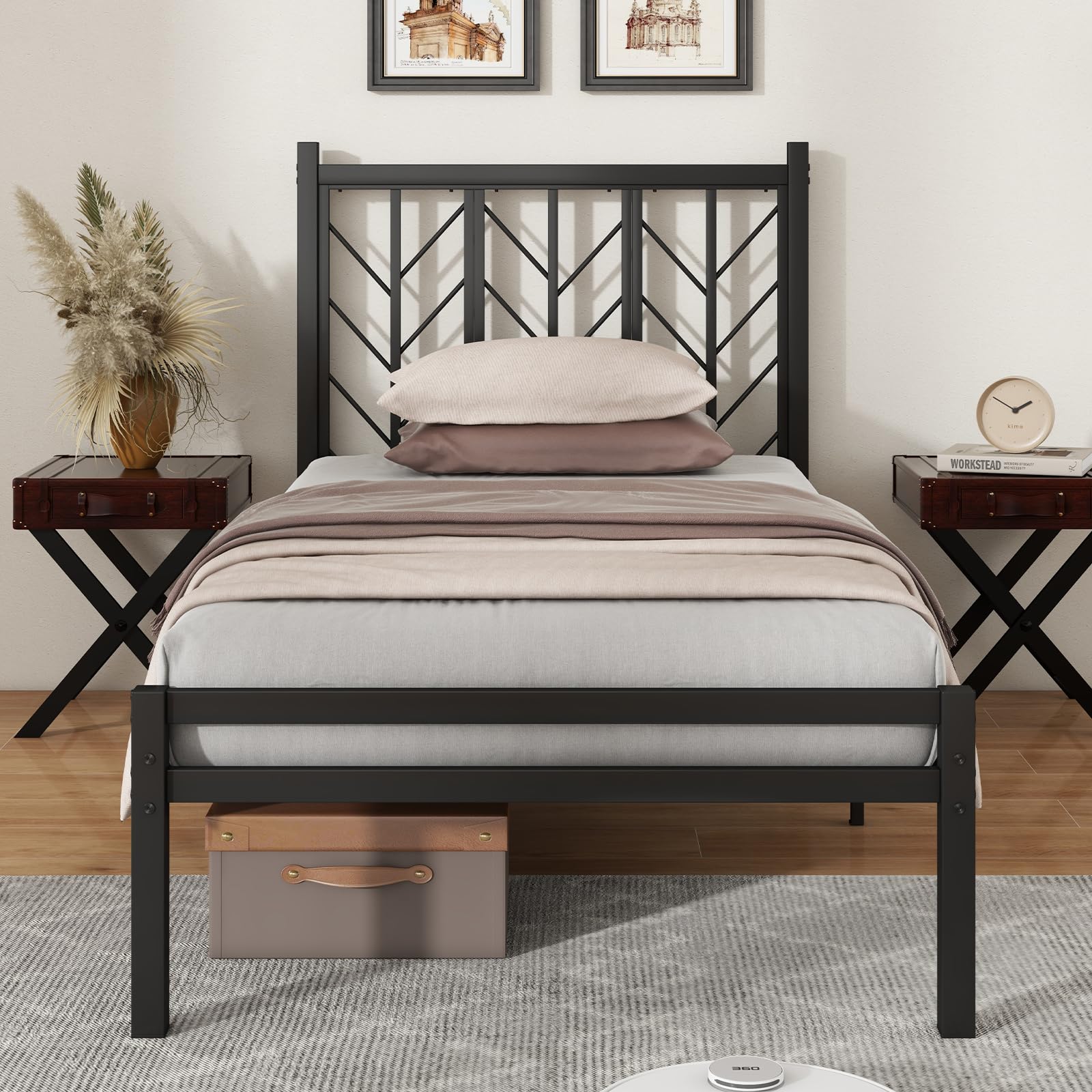 Giantex Bed Frames with Vintage Headboard, Metal Mattress Foundation for Storage