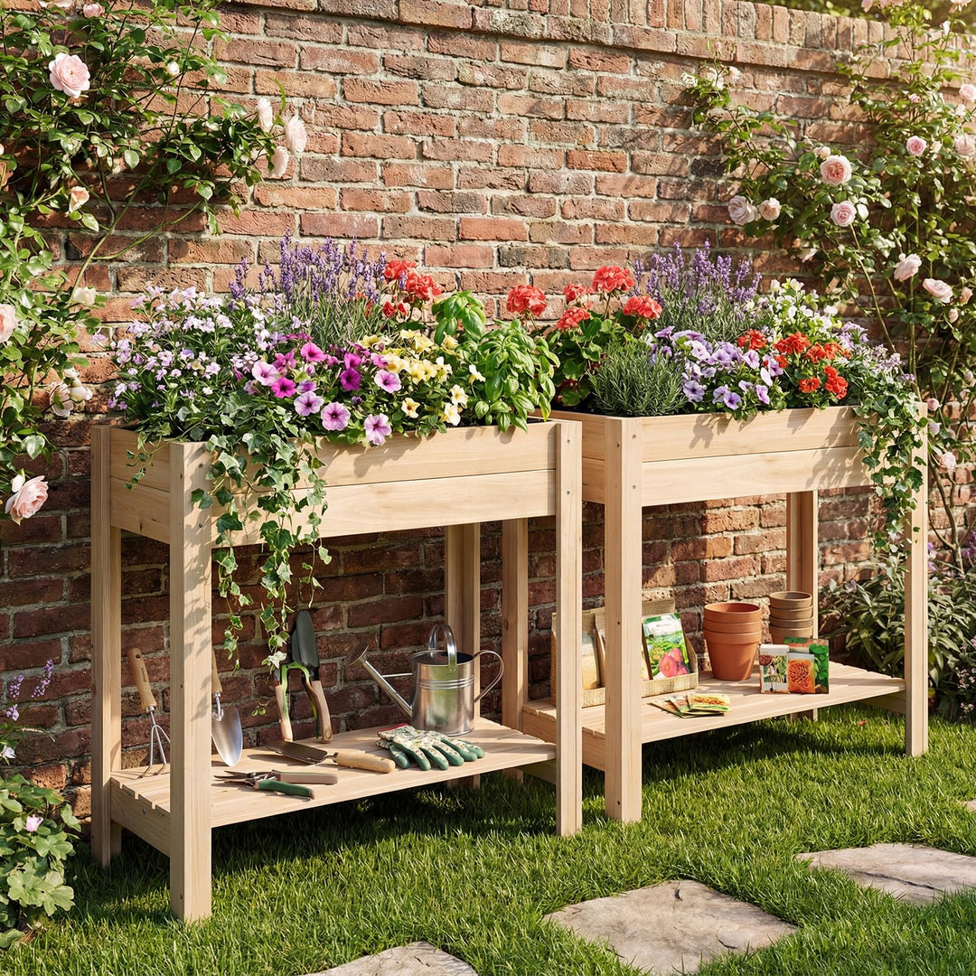 Giantex Wood Raised Garden Bed w/Lower Shelf