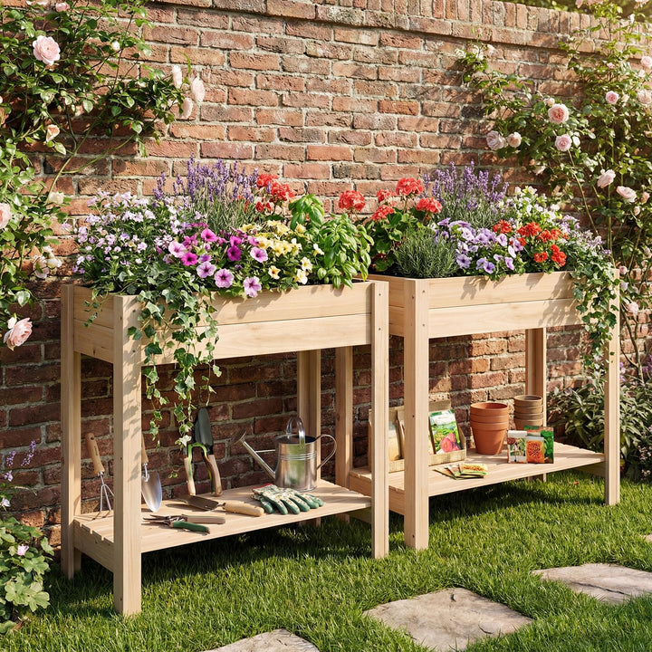 Giantex Wood Raised Garden Bed w/Lower Shelf
