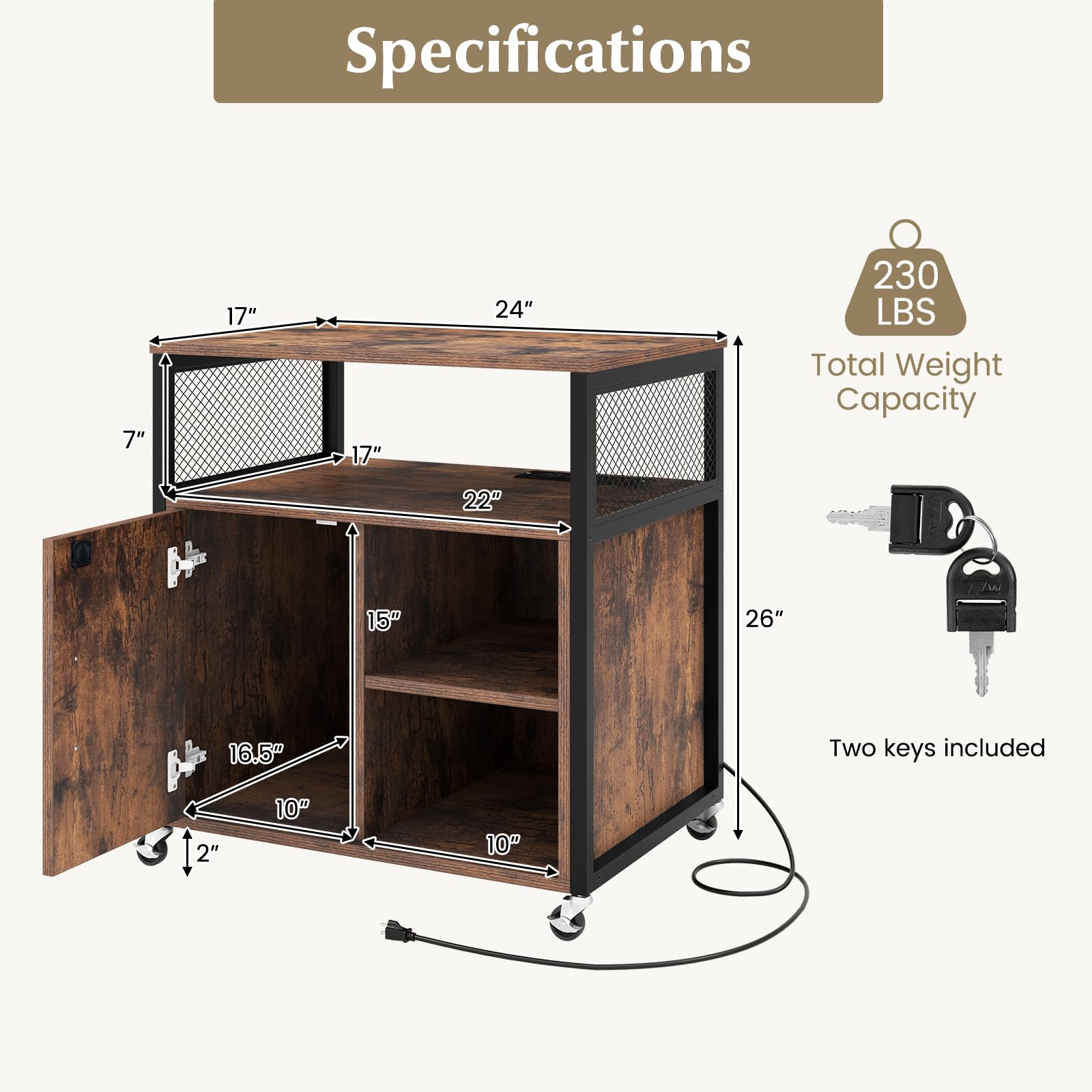 Giantex File Cabinet, Lateral Filing Cabinet with Lock, Wheels, Charging Station, Cable Hole, Lockable Side Cabinet