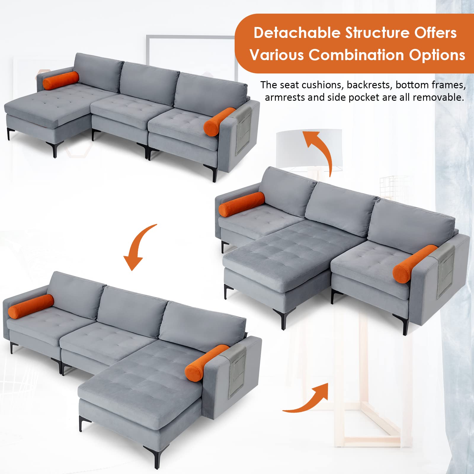 Giantex 97" Large Couch, 3 Seat Sectional Sofa Set, L-Shaped Modular Sleeper with Chaise Lounge & USB Port & Socket