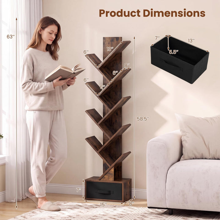 GIANTEX 9-Tier Tree Bookshelf | Tall Small Bookcase with Drawer