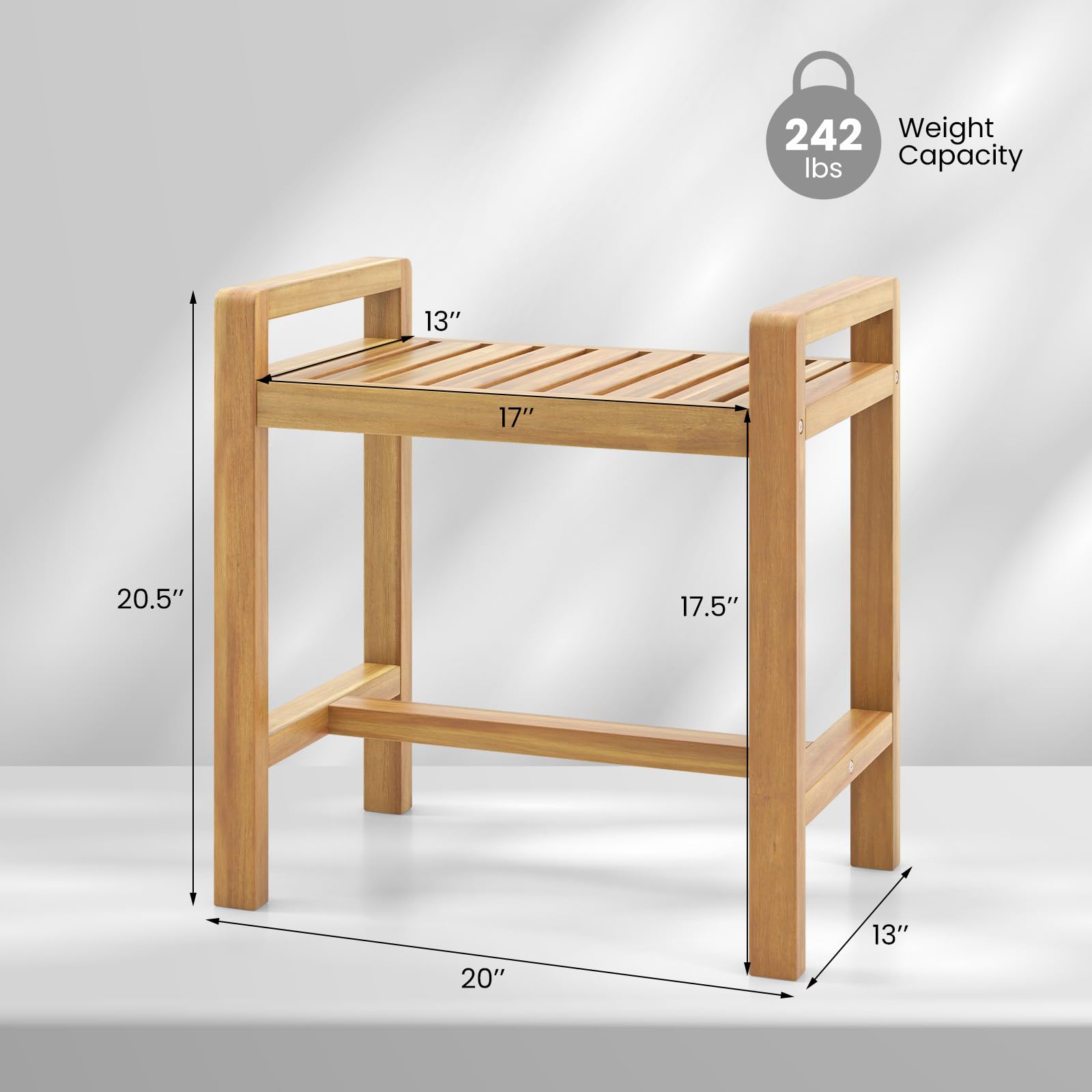 Giantex Teak Wood Shower Bench - 20" Waterproof Shower Stool with Handles and Slatted Seat for Inside Shower