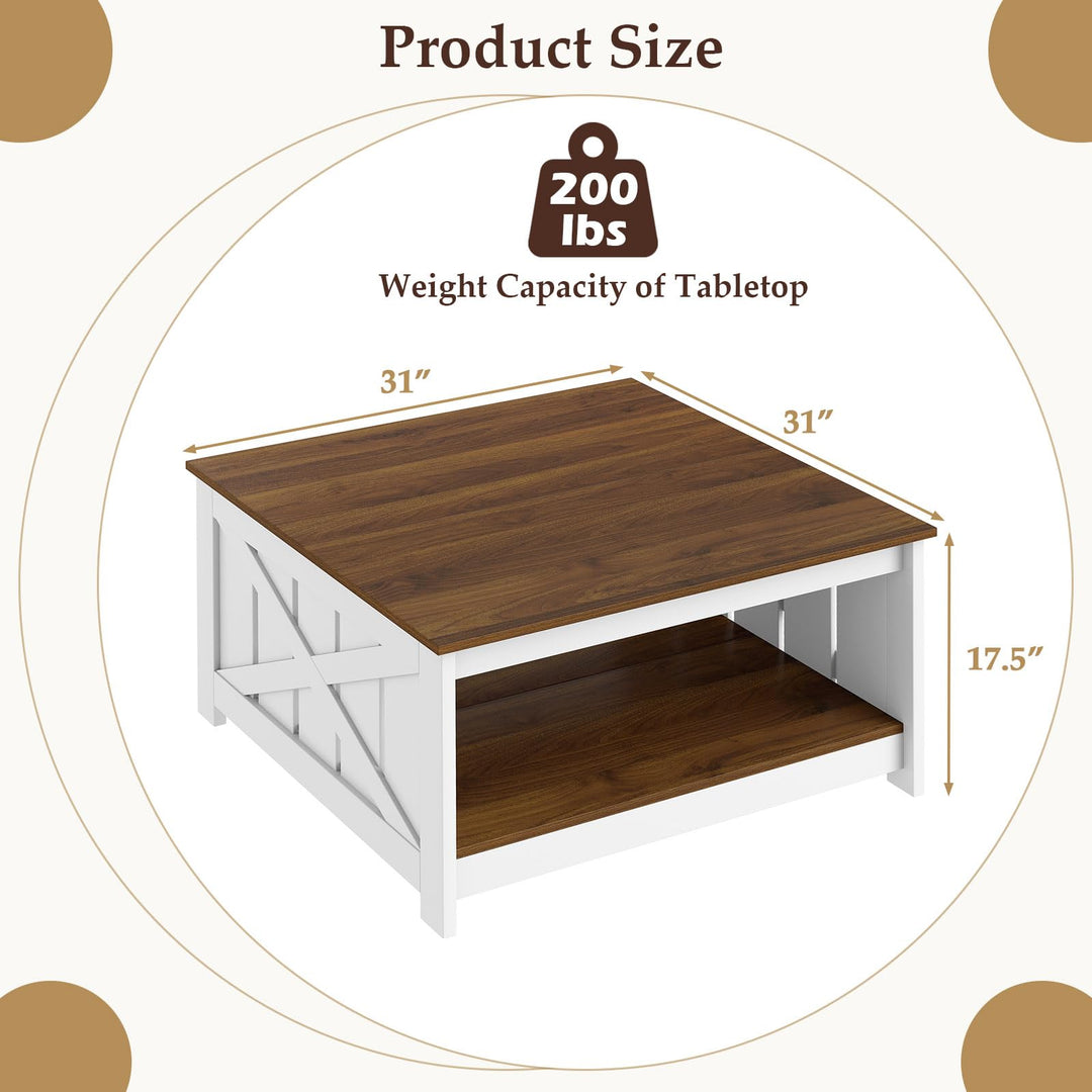 Giantex Farmhouse Coffee Table 31 Inch Square Wood Coffee Table with Storage Shelf