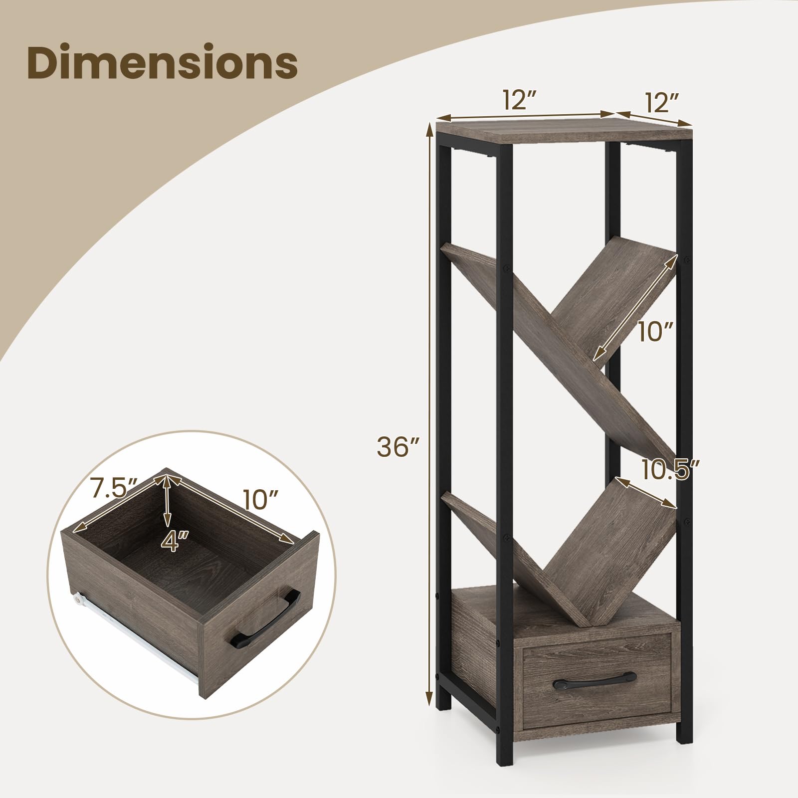 Giantex Tree Bookshelf with Drawer, 4-Tier Narrow Bookcase with Metal Frame, Tall Floor Standing Storage Organizer for Small Space