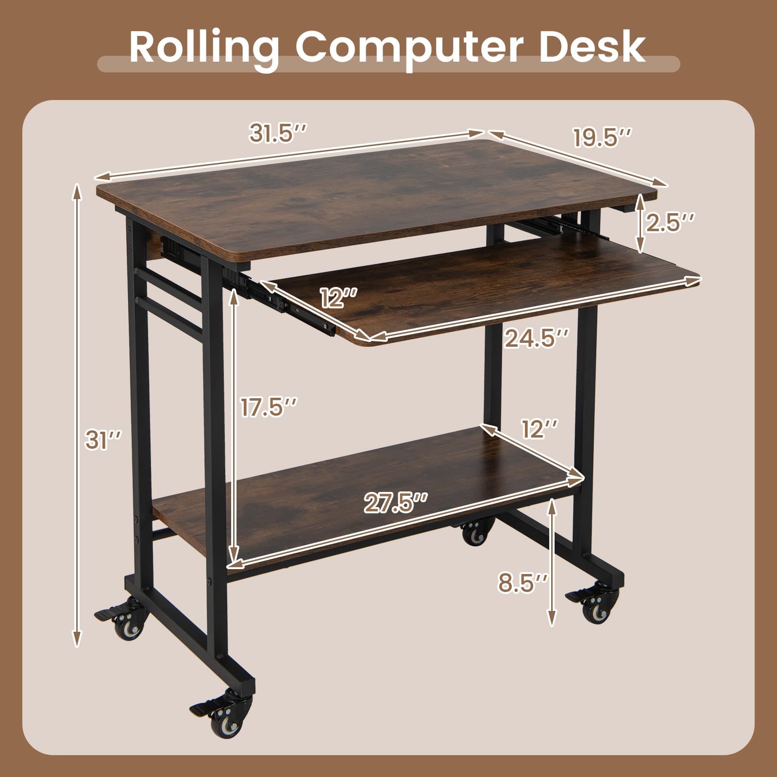 Giantex Mobile Computer Desk, Rolling Writing Desk with Keyboard Tray, Shelf & 3 Hanging Hooks, Rustic Brown & Black
