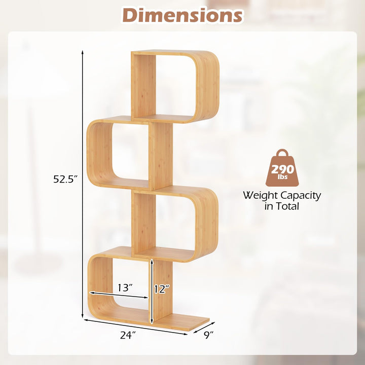 Giantex 4-Tier S-Shaped Bamboo Bookshelf with 4 Open Cubes