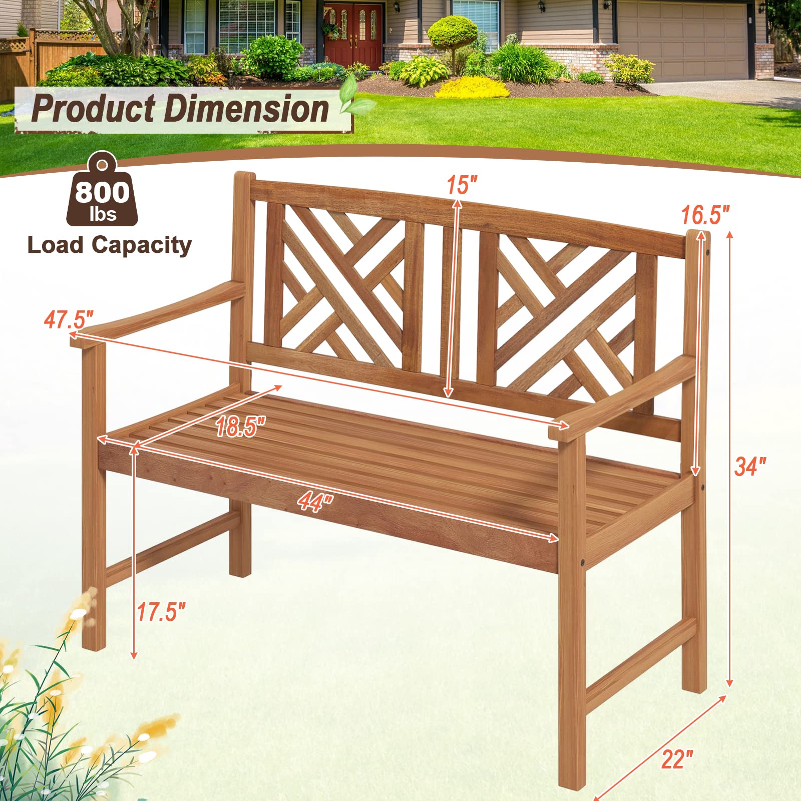 Giantex Outdoor Wooden Garden Bench - 2-Person Acacia Wood Bench, Front Porch Bench (Non-Foldable)