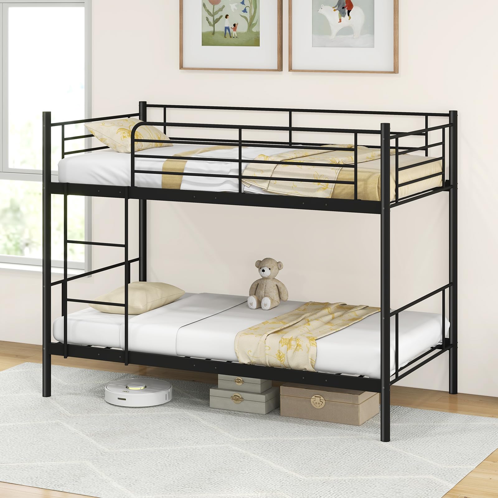 Giantex Bunk Bed Twin Over Twin, Metal Bunk Bed Frame w/Built-in Ladder, Safety Guardrail