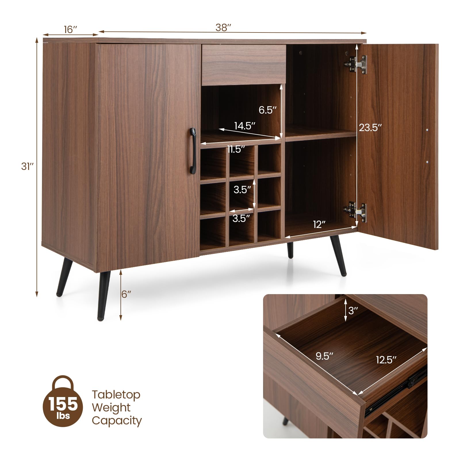 Giantex Bar Cabinet with Storage, Farmhouse Wood Buffet Sideboard, 9-Bottle Wine Rack, Drawer