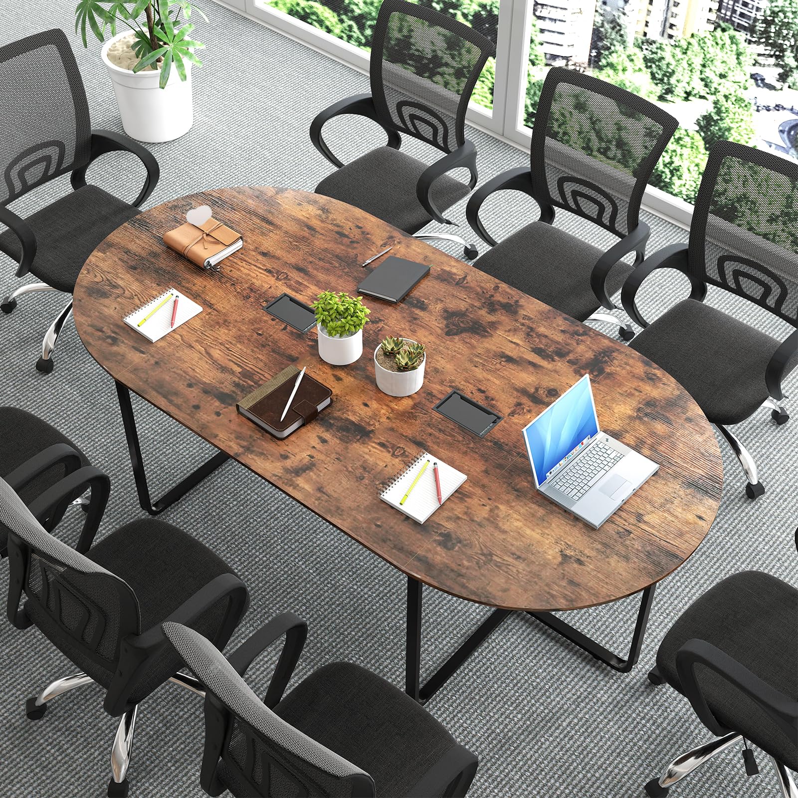 Giantex Large Oval Meeting Table for 10 to 12 People with Dual Cable Holes and Metal Legs