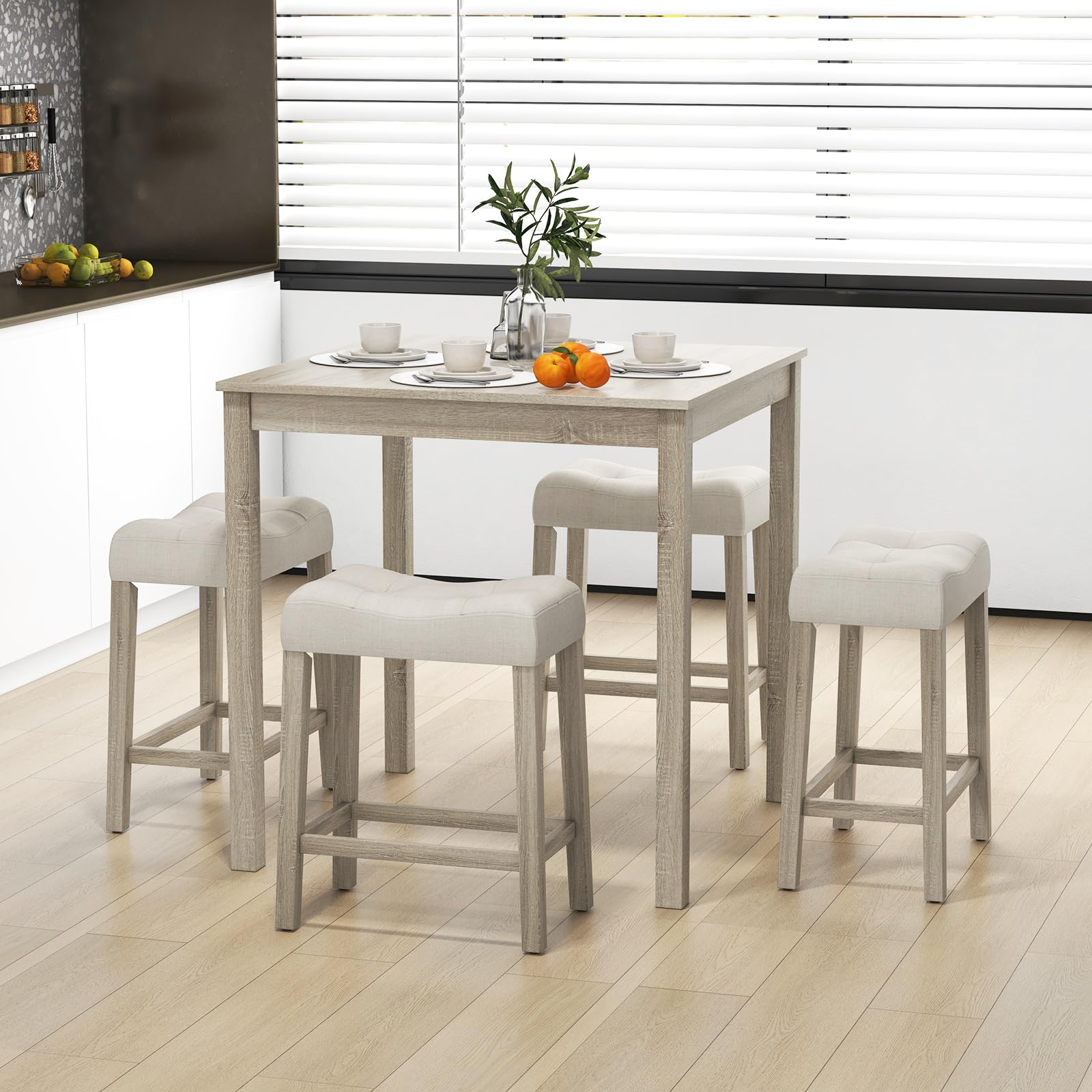 Giantex Dining Table Set for 4, 5-Piece Bar Table Set with 35”x35 Square Table, 18”x11 Padded Stools